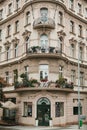 Prague, September 24, 2017: The corner of the traditional building with the Czech architecture with balconies and