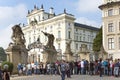 PRAGUE, SEPTEMBER 15: The crowd of tourists near Archbishop`s Palace on the Castle Square near the main entrance in The Prague Cas