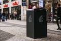 Prague, September 25, 2017: A modern smart trash can on the street of the city. Collection of waste in Europe for