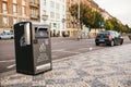 Prague, September 23, 2017: A modern smart trash can on the street of the city. Collection of waste in Europe for