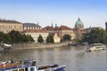 PRAGUE, SEPTEMBER 15, 2014: Motor ships, walking tourist ships, on the river Vltava in Prague, Czech Republic