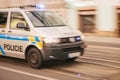 Prague, September 23, 2017: The police car is moving along the city street with a blurred motion Royalty Free Stock Photo