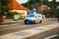 Prague, September 23, 2017: The police car is moving along the city street with a blurred motion Royalty Free Stock Photo