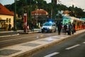 Prague, September 23, 2017: The police car is moving along the city street. Selective focus. The remaining objects are Royalty Free Stock Photo