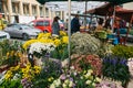 Prague, September 25, 2017: A small business for selling flowers. Street shop. The seller does the work in the