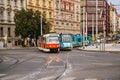 Prague, September 23, 2017: Trams are riding down the street in the city. Traditional street public transport in Europe.