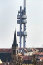 Prague skyline with Zizkov television tower transmitter and Church of Saint Procopius, Czech Republic Royalty Free Stock Photo