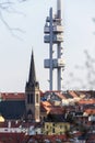 Prague skyline with Zizkov television tower transmitter and Church of Saint Procopius, Czech Republic Royalty Free Stock Photo