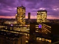 Prague skyscrapers in blue hour with purple sky. Modern office architecture. Royalty Free Stock Photo