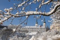 Prague Strahov Monastery view through snowy tree branch Royalty Free Stock Photo