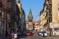 Prague street in the downtown antdthe Jindrisska tower