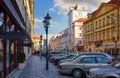 Prague Street with old houses and street lamps Royalty Free Stock Photo