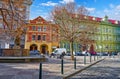 Prague Street with old houses and trees. Square