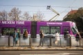 Prague tram, or called Prazske tramvaje, Skoda 14 T model, on line 3, crowded with commuters.