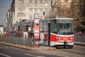 Prague tram, or called Prazske tramvaje, Tatra KT8D5 model, on Palackeho Namesti, crowded with commuters Managed by DPP