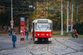 Prague tram, or called Prazske tramvaje, Tatra T3 model, on the stop of Vystaviste.