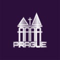 Prague vector symbol with church building or towers. Original logo template. Capital city of Czech Republic. Graphic