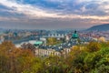 Prague and Vltava river from Letna Hill - Romantic view after misty sunset - European capital of bohemian Czech Republic