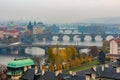 Prague and Vltava river from Letna Hill - Romantic view after misty sunset - European capital of bohemian Czech Republic