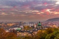 Prague and Vltava river from Letna Hill - Romantic view after misty sunset - European capital of bohemian Czech Republic