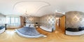 PRAHA , CZECH REPUBLIC - JULY 26, 2013: Modern loft apartment interior, bedroom, hall, full 360 degree panorama in equirectangular Royalty Free Stock Photo