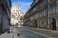 2019 11, Praha, Czech. Yellow white and red tram in the streets of Prague. New Czech red tram number 15 Royalty Free Stock Photo