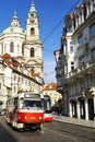 2019 11, Praha, Czech. Yellow white and red tram in the streets of Prague. New Czech red tram number 15