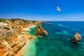 Praia da Marinha, beautiful beach Marinha in Algarve, Portugal. Navy Beach (Praia da Marinha) with flying seagulls over the beach Royalty Free Stock Photo