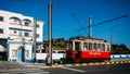 Sintra tramway is a narrow gauge tourist tram line that runs from Sintra to Praia das Macas on the coast, Portugal Royalty Free Stock Photo