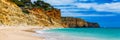 Praia de Porto de Mos in Lagos, Portugal. Praia do Porto de Mos, long beach in Lagos, Algarve region, Portugal. Beautiful golden Royalty Free Stock Photo