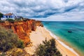 Praia dos Tres Castelos in south Portugal, Portimao, Algarve region. Landscape with Atlantic Ocean, shore and rocks in Tres Royalty Free Stock Photo