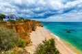 Praia dos Tres Castelos in south Portugal, Portimao, Algarve region. Landscape with Atlantic Ocean, shore and rocks in Tres Royalty Free Stock Photo