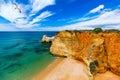 Praia dos Tres Castelos in south Portugal, Portimao, Algarve region. Landscape with Atlantic Ocean, shore and rocks in Tres Royalty Free Stock Photo