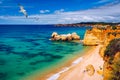 Praia dos Tres Castelos in south Portugal, Portimao, Algarve region. Landscape with Atlantic Ocean, shore and rocks in Tres Royalty Free Stock Photo