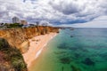 Praia dos Tres Castelos in south Portugal, Portimao, Algarve region. Landscape with Atlantic Ocean, shore and rocks in Tres Royalty Free Stock Photo