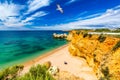 Praia dos Tres Castelos in south Portugal, Portimao, Algarve region. Landscape with Atlantic Ocean, shore and rocks in Tres Royalty Free Stock Photo