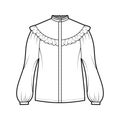 Prairie blouse technical fashion illustration with bouffant long sleeves, stand collar, ruffle yoke, cuff hide button up