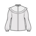 Prairie blouse technical fashion illustration with bouffant long sleeves, stand collar, ruffle yoke, cuff hide button up