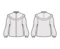 Prairie blouse technical fashion illustration with bouffant long sleeves, stand collar, ruffle yoke, cuff hide button up