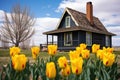 prairie cabin with twin chimneys amidst yellow tulips