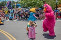 Prairie Dawn , Telly monster, dancer woman and little girl in Sesame Street Party Parade at Seaworld 2.