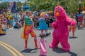 Prairie Dawn , Telly monster, dancer woman and little girl in Sesame Street Party Parade at Seaworld 1 Royalty Free Stock Photo