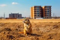 Prairie dog in wildlife. Cute prairie dog on summer field with flowers Royalty Free Stock Photo