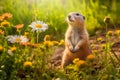 Prairie dog in wildlife. Cute prairie dog on summer field with flowers Royalty Free Stock Photo