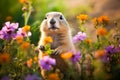 Prairie dog in wildlife. Cute prairie dog on summer field with flowers Royalty Free Stock Photo