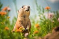 Prairie dog in wildlife. Cute prairie dog on summer field with flowers Royalty Free Stock Photo