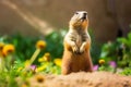 Prairie dog in wildlife. Cute prairie dog on summer field with flowers Royalty Free Stock Photo