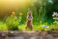 Prairie dog in wildlife. Cute prairie dog on summer field with flowers Royalty Free Stock Photo