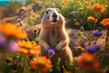 Prairie dog in wildlife. Cute prairie dog on summer field with flowers Royalty Free Stock Photo