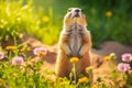 Prairie dog in wildlife. Cute prairie dog on summer field with flowers Royalty Free Stock Photo